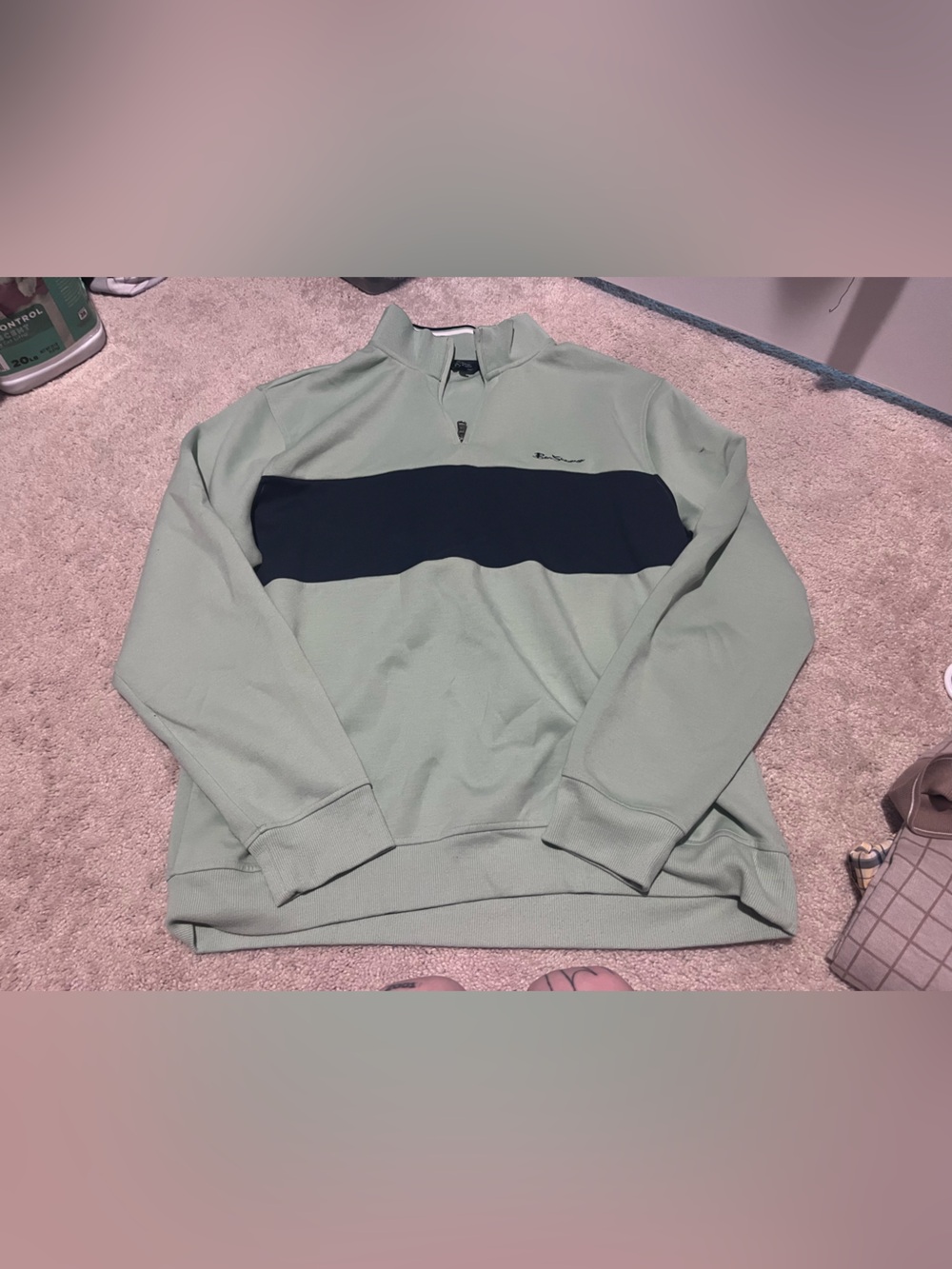 Ben Sherman Sage Green Quarter-Zip Sweater with Navy Chest Stripe
